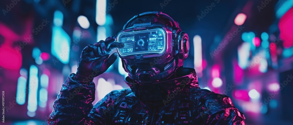 A futuristic figure wearing a high-tech virtual reality headset in a neon-lit urban environment. A futuristic figure wearing a high-tech virtual reality headset in a neon-lit urban environment.