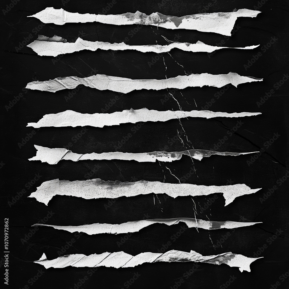 High contrast torn paper texture, black and white, ripped paper strips ...