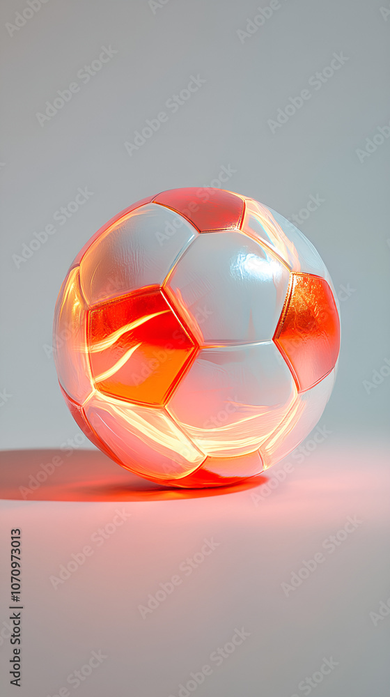 Naklejka premium Modern Soccer Ball with Orange and White Panels, 3D Render in High Detail, Futuristic Design