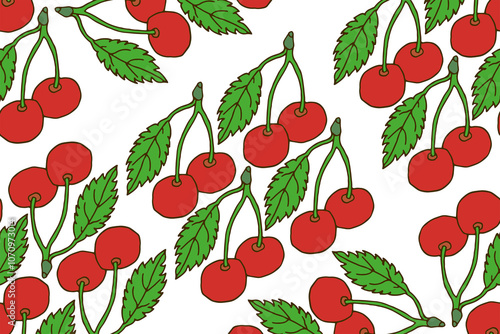 Vibrant cherry pattern with lush green leaves on a bright background