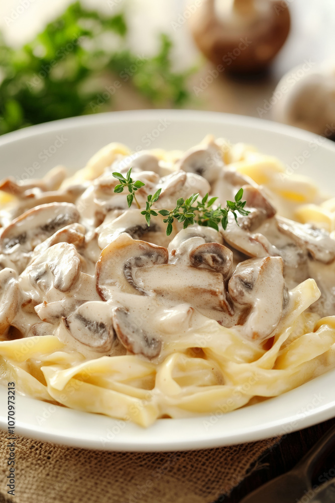 Creamy Mushrooms and Bacon stroganoff in cream sauce, photo for a recipe book Creamy Mushrooms and Bacon stroganoff in cream sauce, photo for a recipe book