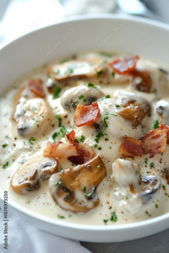 Creamy Mushrooms and Bacon stroganoff in cream sauce, photo for a recipe book Creamy Mushrooms and Bacon stroganoff in cream sauce, photo for a recipe book