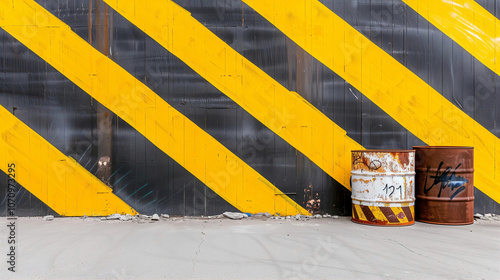 Industrial barrels with yellow stripes on wall photo