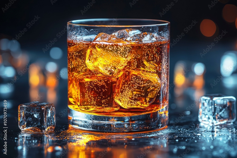 Glass of Whiskey with Ice Cubes on a Wet Surface Glass of Whiskey with Ice Cubes on a Wet Surface