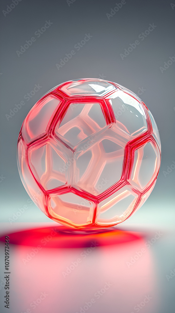 Naklejka premium Futuristic Soccer Ball with Red and White Color Scheme and Geometric Patterns, Digital Render