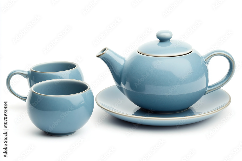 A blue ceramic teapot with matching cups and saucer arranged on a white background for a casual tea setting. Generative AI A blue ceramic teapot with matching cups and saucer arranged on a white background for a casual tea setting. Generative AI