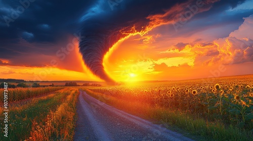 A dramatic tornado forms over a field of sunflowers at sunset.