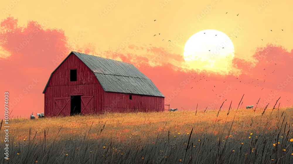 Warm Rural Barn at Sunset with Crops and Animals Warm Rural Barn at Sunset with Crops and Animals
