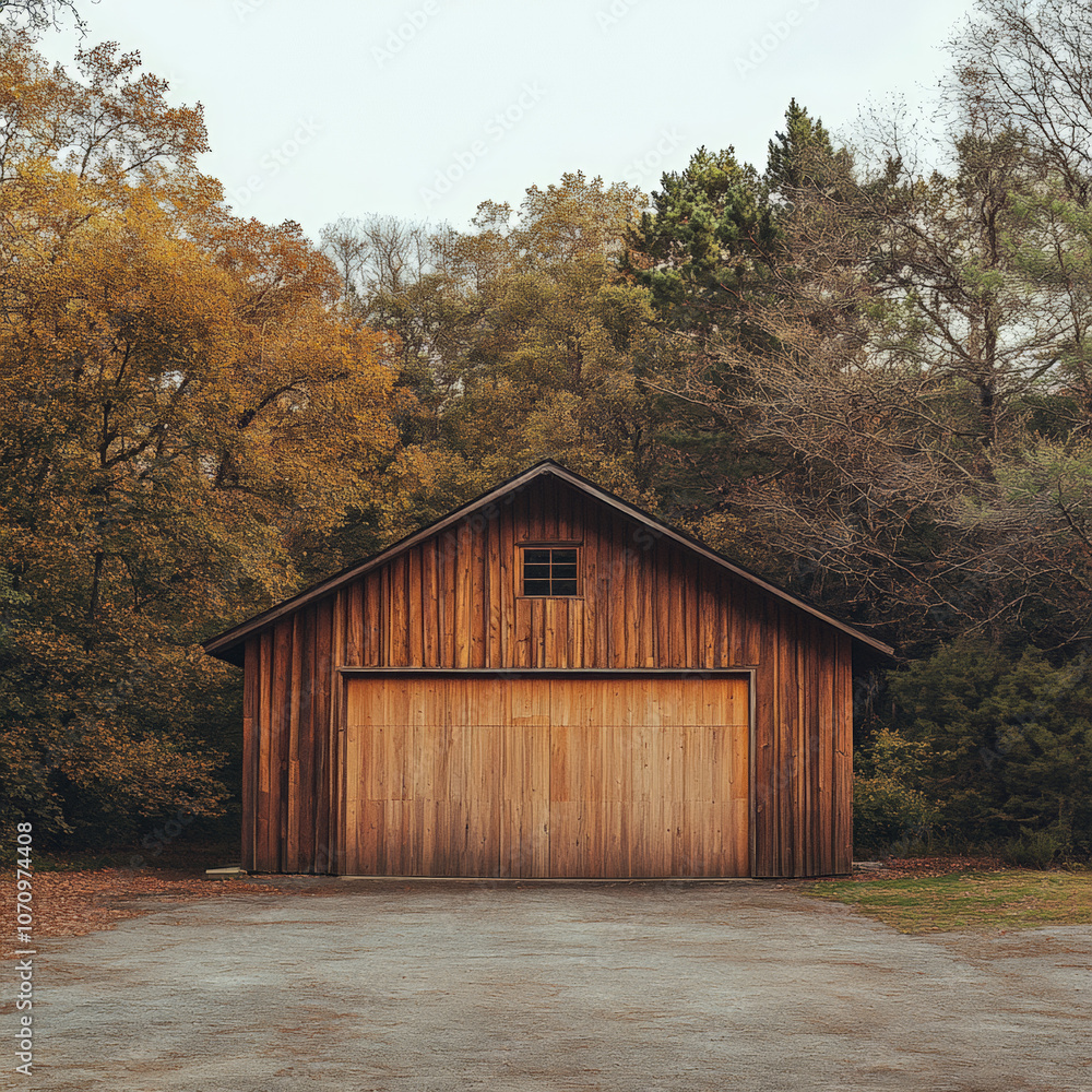 A wooden barn a large garage door, in the front. in an environment surrounded by trees and nature A wooden barn a large garage door, in the front. in an environment surrounded by trees and nature