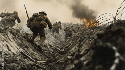 A vintage photograph of ww1 soldiers carrying rifles with bayonets, going over the top of a trench, tangled barbed wire in the foreground, soil and debris, smoke, explosions