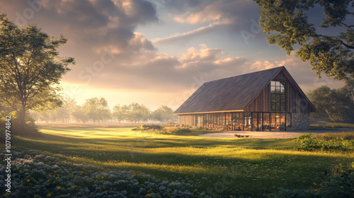 A modern Dutch barn-style home with rustic wooden beams and large glass windows, set in a scenic rural landscape.