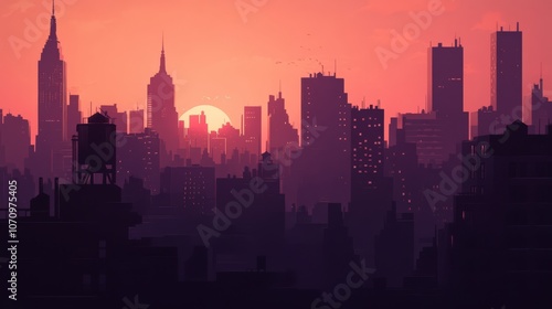 A silhouette of a city skyline at sunset.