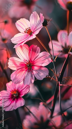 Pink and white cosmos flowers in bloom, soft sunlight. Nature and tranquility concept