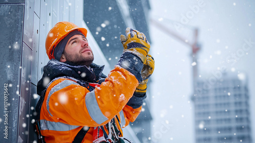 High Altitude Worker Installing Cladding in Winter Snow