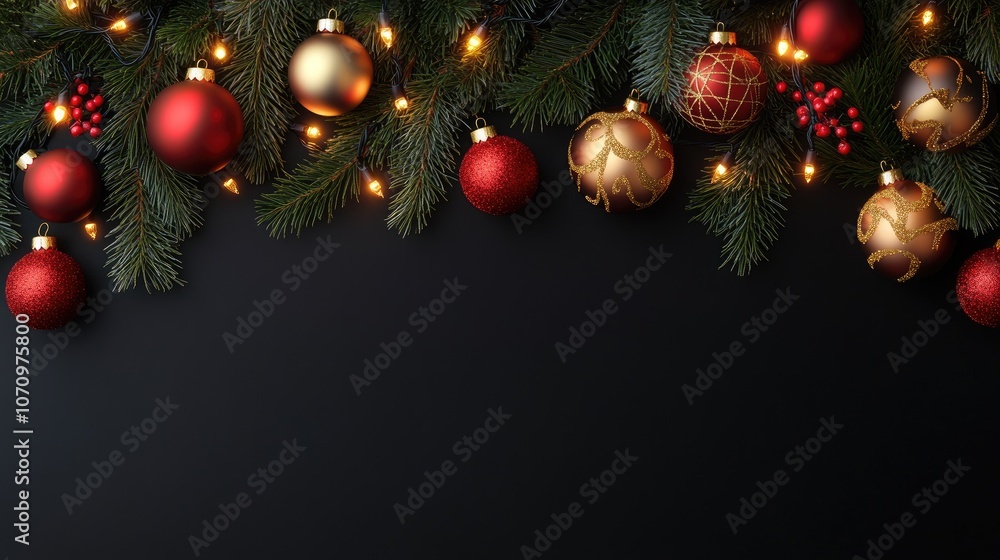Festive Christmas Background with Red and Gold Ornaments and Pine Branches on Dark Surface with Glowing Lights Festive Christmas Background with Red and Gold Ornaments and Pine Branches on Dark Surface with Glowing Lights