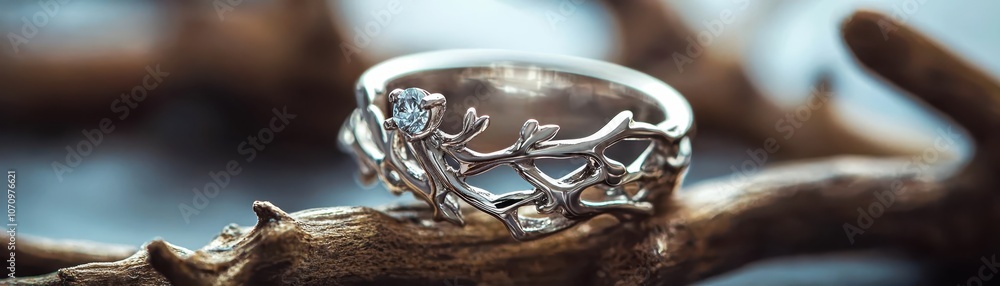 A beautifully designed silver ring with intricate branch-like patterns, showcasing a sparkling gemstone, rests atop a natural wood surface. A beautifully designed silver ring with intricate branch-like patterns, showcasing a sparkling gemstone, rests atop a natural wood surface.