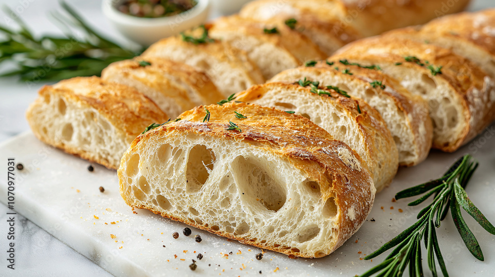 Homemade bakery baguette slices with a light, crisp crust, ideal for creating bruschetta or enjoying as a tasty snack Homemade bakery baguette slices with a light, crisp crust, ideal for creating bruschetta or enjoying as a tasty snack