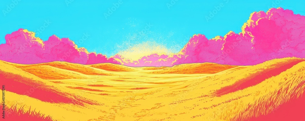 A vibrant landscape featuring bright pink clouds against a blue sky, with golden fields stretching towards a warm horizon at sunset. A vibrant landscape featuring bright pink clouds against a blue sky, with golden fields stretching towards a warm horizon at sunset.