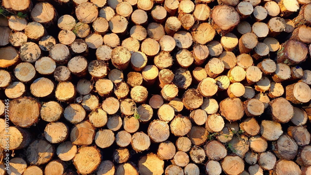 Deforestation, many felled trees piled up Deforestation, many felled trees piled up