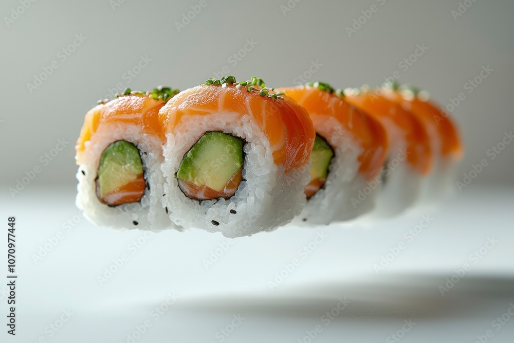 Six Salmon and Avocado Sushi Rolls in Mid-Air Six Salmon and Avocado Sushi Rolls in Mid-Air