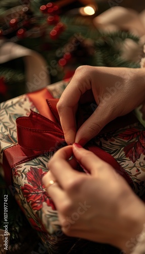 Holiday Gift Wrapping Craftsmanship and Care with Festive Ribbon and Seasonal Decor Elements