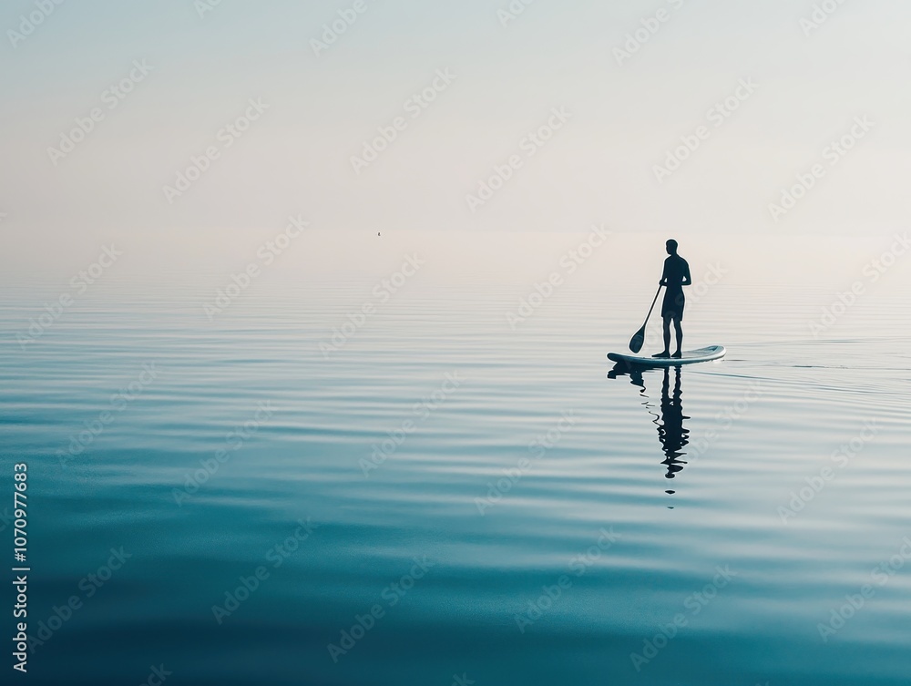Naklejka premium A person paddleboards on calm waters, surrounded by a serene landscape and reflected in the glassy surface, evoking tranquility and adventure.