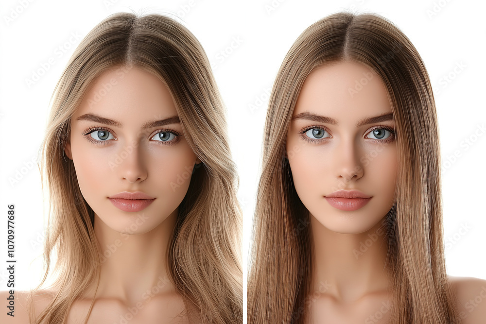 Comparison of two hairstyles on a woman showcasing soft waves and straight hair against a plain background. Generative AI Comparison of two hairstyles on a woman showcasing soft waves and straight hair against a plain background. Generative AI