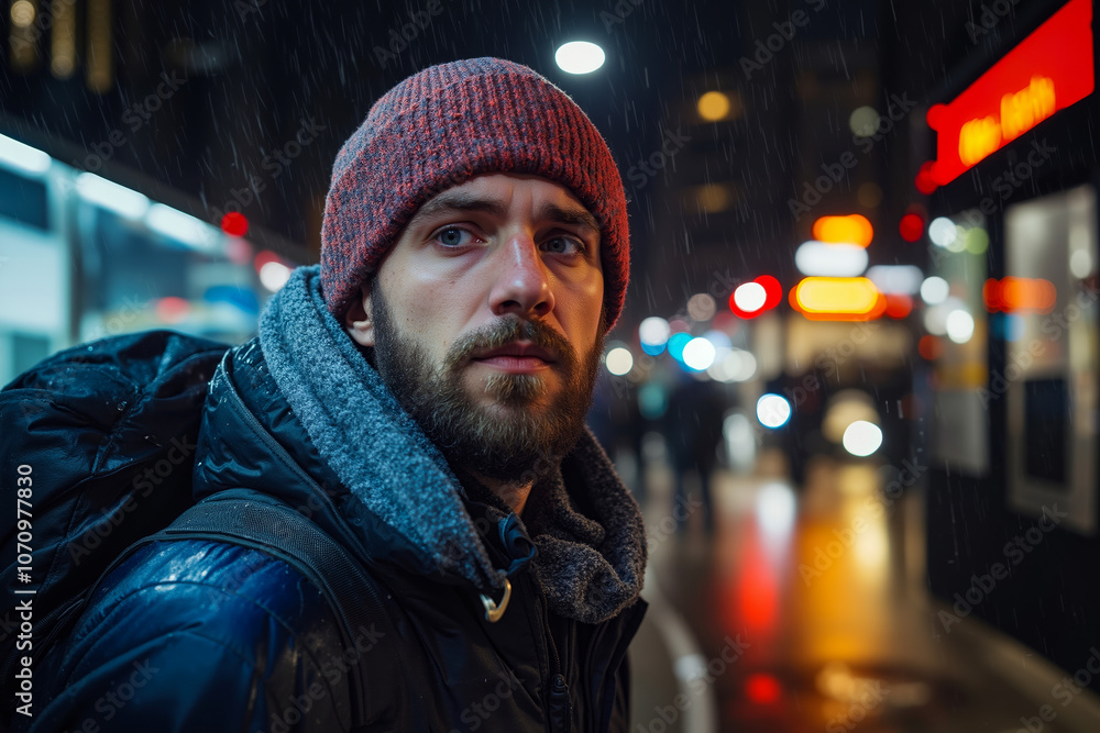 A man with a backpack and a hat standing in the rain A man with a backpack and a hat standing in the rain
