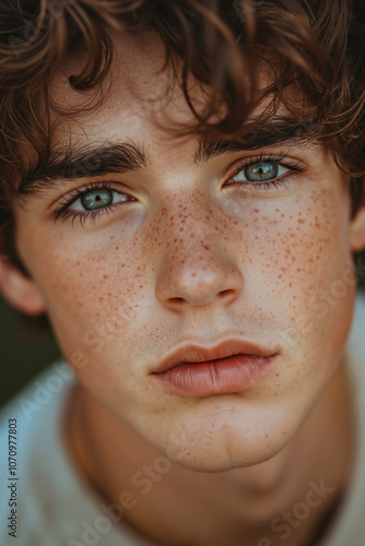 A young man with freckles on his face and blue eyes