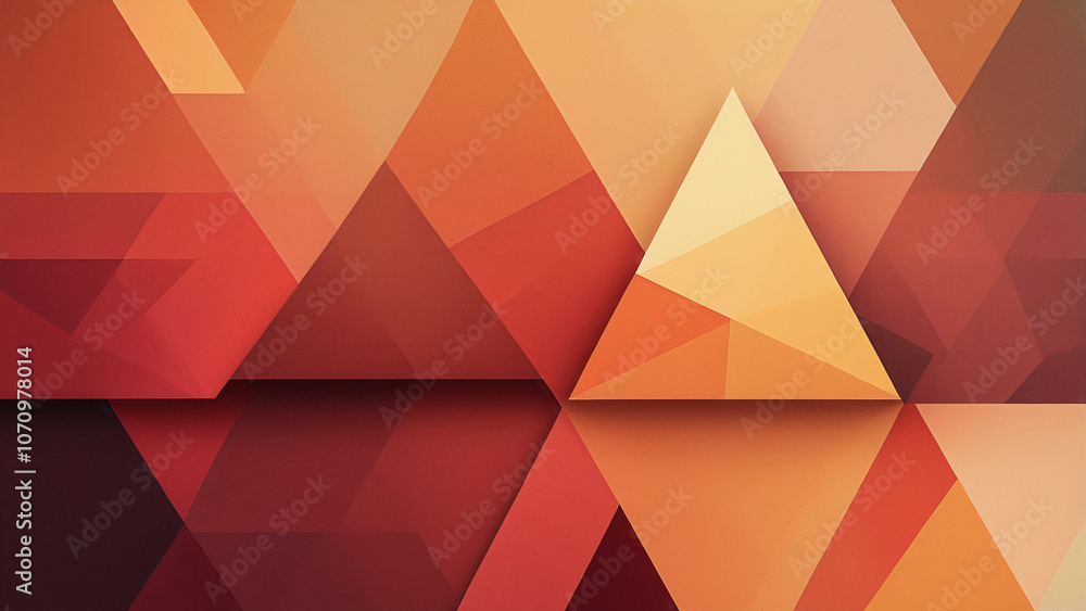 Fototapeta premium Abstract composition of overlapping triangles in warm orange, red, and yellow hues. Shades and textures enhance depth & dimension, while light and shadow add striking three-dimensional visual impact.