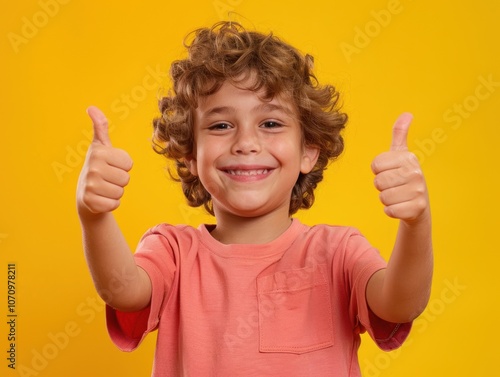 A cheerful child giving thumbs up against a bright yellow background.