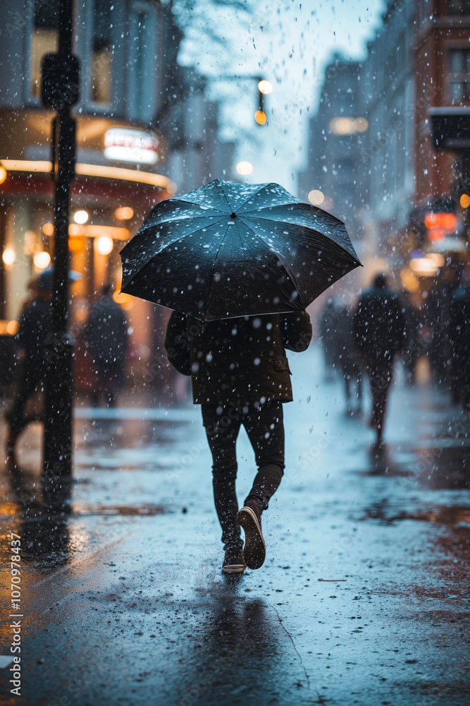 Obraz premium A person walking in the rain with an umbrella
