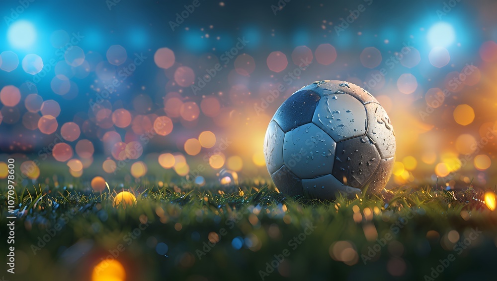 Fototapeta premium Classic black and white soccer ball resting on green grass in a stadium, illuminated by stadium lights, symbolizing excitement of soccer games.