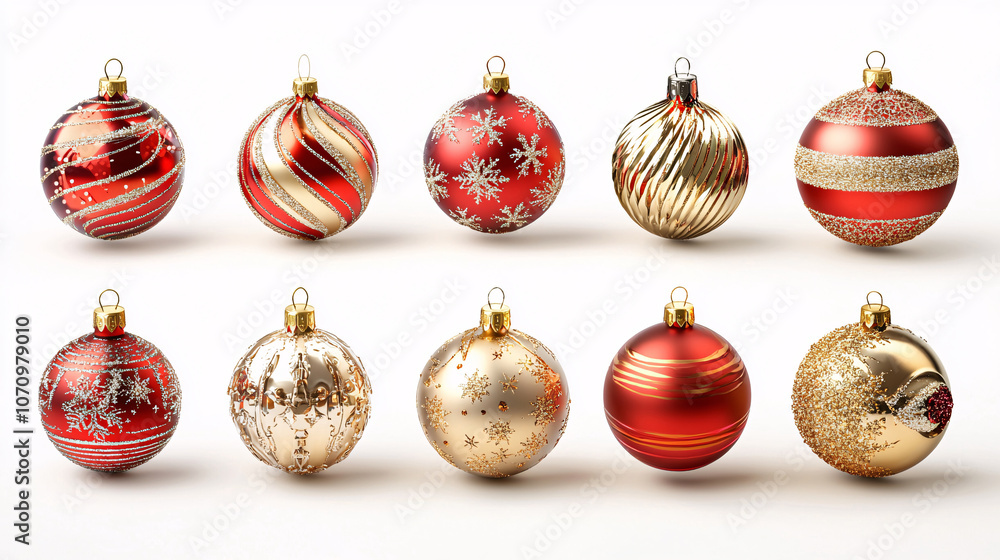 Realistic image of a set of sparkling Christmas ornaments and tree decorations, isolated on a white background, perfect for conveying festive holiday cheer Realistic image of a set of sparkling Christmas ornaments and tree decorations, isolated on a white background, perfect for conveying festive holiday cheer
