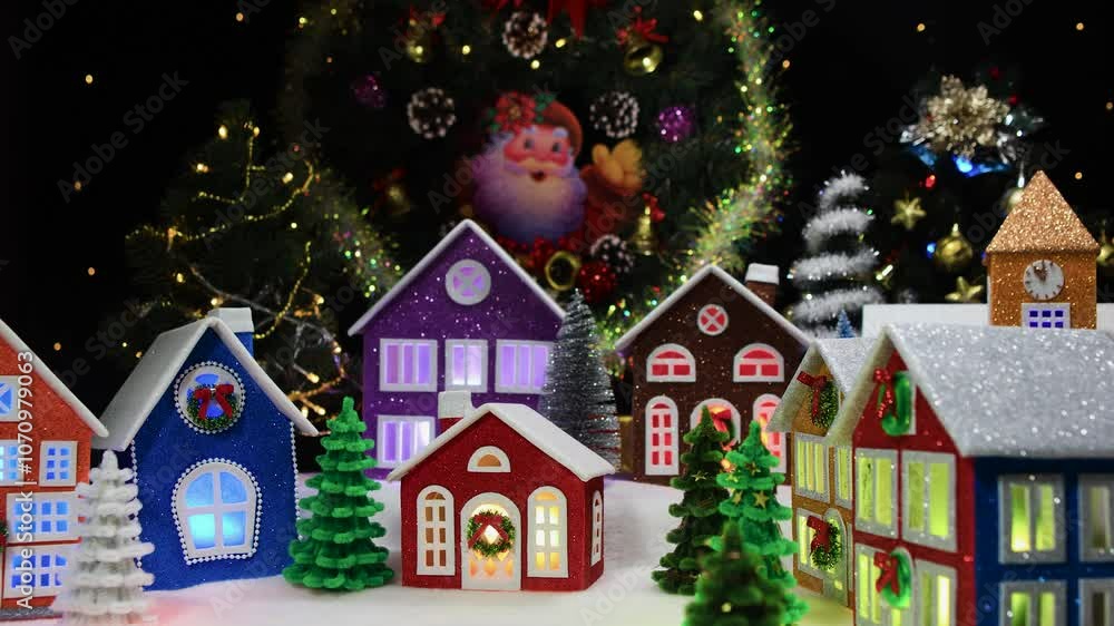 A town with decorated houses against the backdrop of a large Christmas wreath A town with decorated houses against the backdrop of a large Christmas wreath