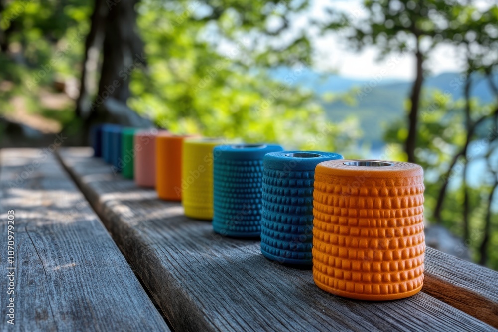 Colorful Cylindrical Objects on a Wooden Table Colorful Cylindrical Objects on a Wooden Table