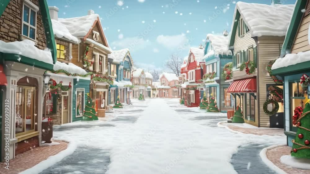 Snowy town street with festive decorations. Village decorated for Xmas. Christmas and New Year celebration. Winter holiday concept. Art or illustration design