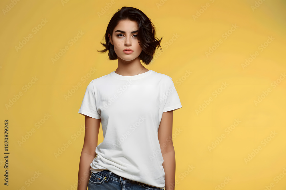 A young woman of Middle-Eastern descent stands confidently against a vibrant yellow background, wearing a simple white T-shirt and jeans. A young woman of Middle-Eastern descent stands confidently against a vibrant yellow background, wearing a simple white T-shirt and jeans.