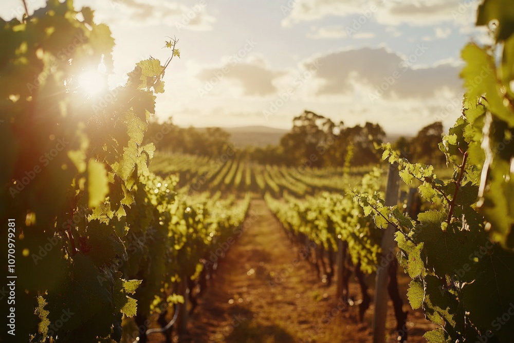 Naklejka premium A picturesque vineyard scene with sunlight shining through the leaves