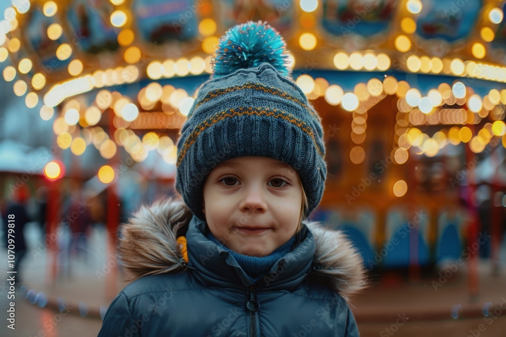 Happy child with rosy cheeks, enjoying snowy attractions in a winter park Happy child with rosy cheeks, enjoying snowy attractions in a winter park