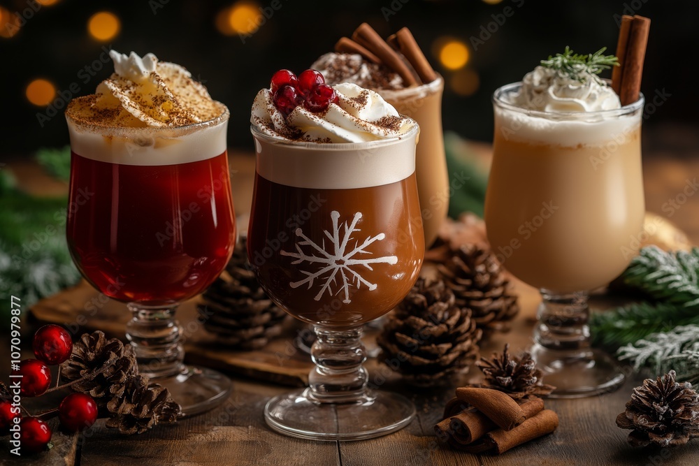 Variety of Christmas mocktails Eggnog with whipped cream and cinnamon christmas decoration Variety of Christmas mocktails Eggnog with whipped cream and cinnamon christmas decoration