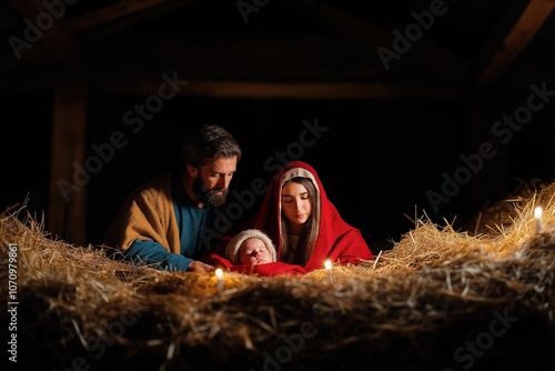 Holy family nativity scene with baby Jesus in a manger at night