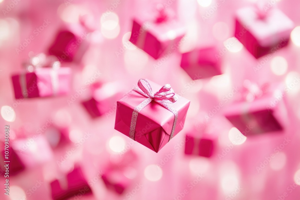 A collection of pink gift boxes suspended in mid-air A collection of pink gift boxes suspended in mid-air
