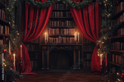 Gothic library decorated for Christmas with deep red velvet curtains, candles, and dark garlands, cozy aristocratic ambience