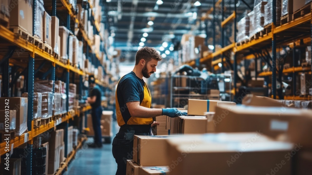 Fototapeta premium A warehouse worker organizing boxes in a storage facility.