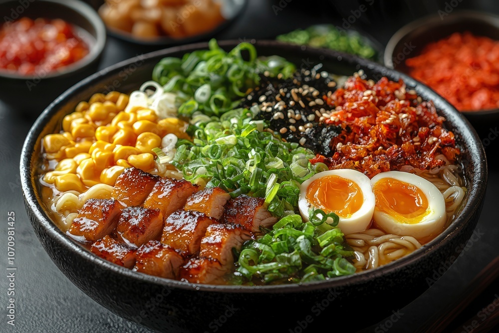 A Bowl of Ramen Noodles with Toppings A Bowl of Ramen Noodles with Toppings