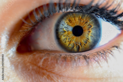 A close-up macro image of a human eye with a striking yellow iris, featuring a unique blend of colors. The photo also highlights long, detailed eyelashes, captured in high resolution.