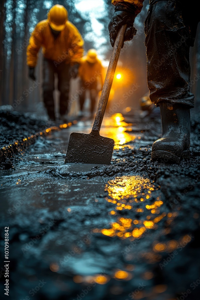 A worker in a yellow jacket walking through a muddy path with a shovel A worker in a yellow jacket walking through a muddy path with a shovel