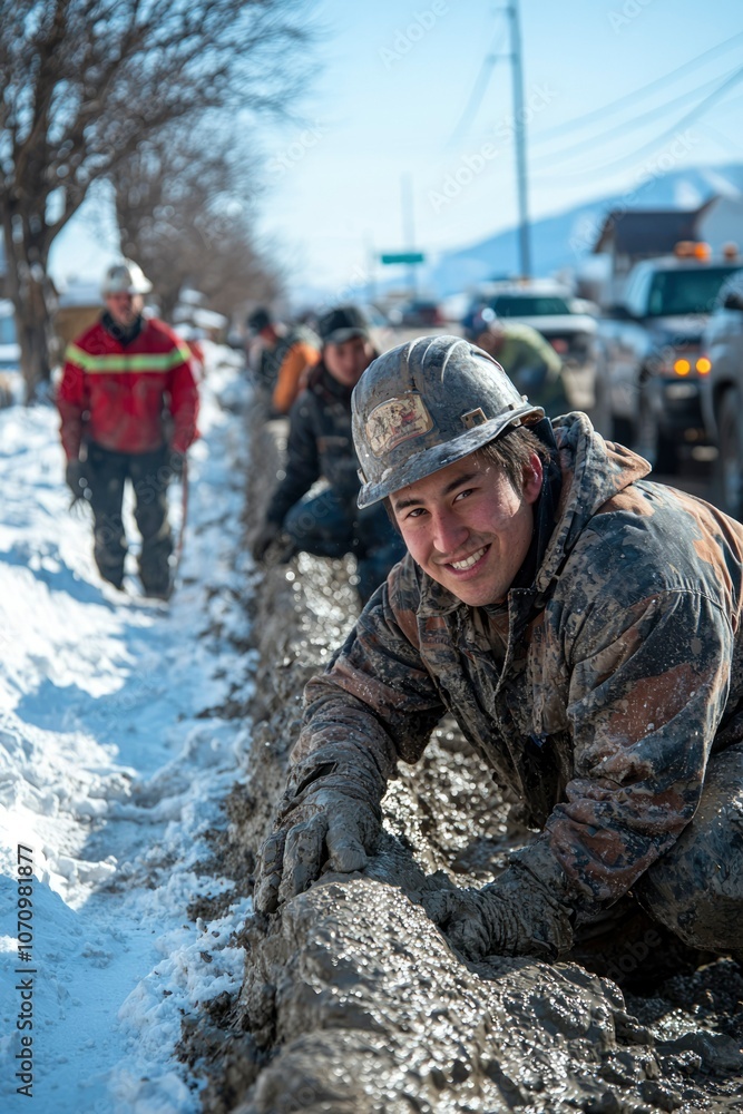 A Mud-Covered Worker Smiles While Working on a Snowy Day A Mud-Covered Worker Smiles While Working on a Snowy Day