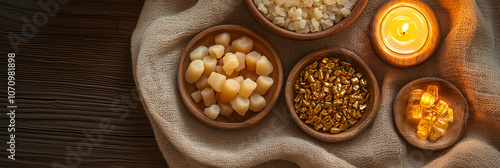 Spa-themed still life with candles and natural bath salts in wooden bowls